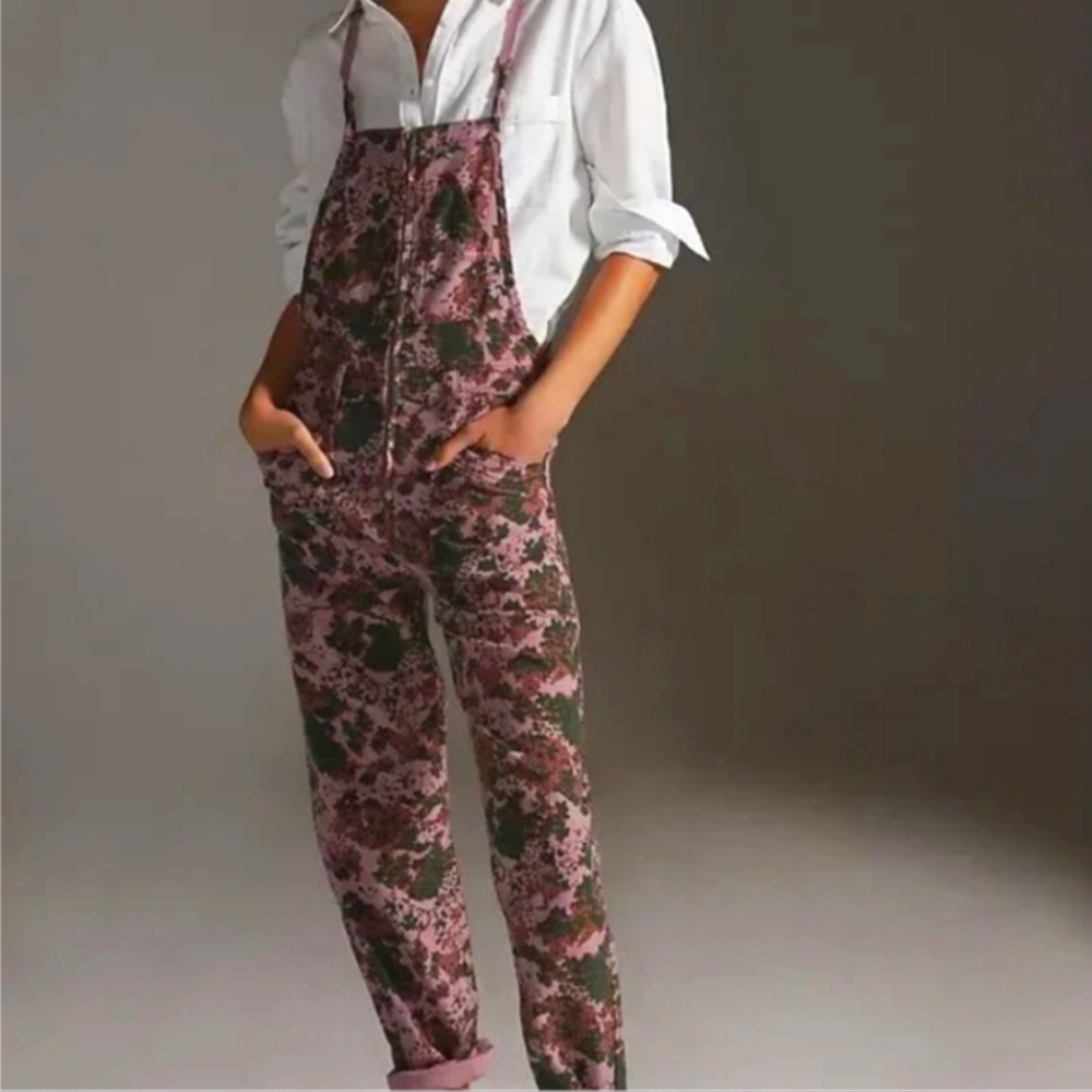 Anthropologie Pilcro Purple & Green Floral Camo Overalls.